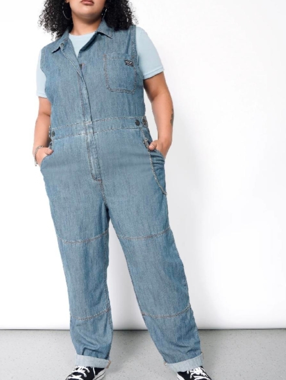 NWOT Wildfang Essential Denim Sleeveless High Waisted Coverall Womens L Heavy
